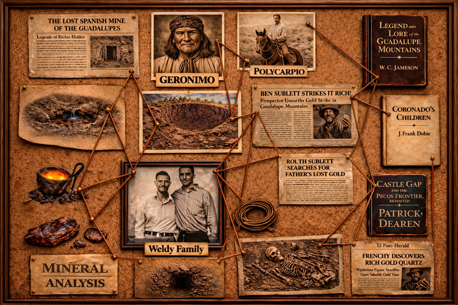 Evidence board showing articles, portraits, books, artifacts, and geological clues related to the lost mine